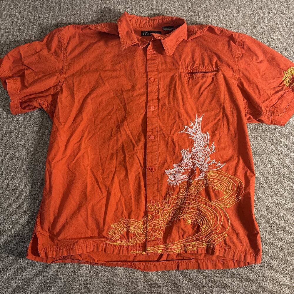 Vintage No Boundaries Men’s Embroidered Dragon Button Up Short Sleeve Shirt XL